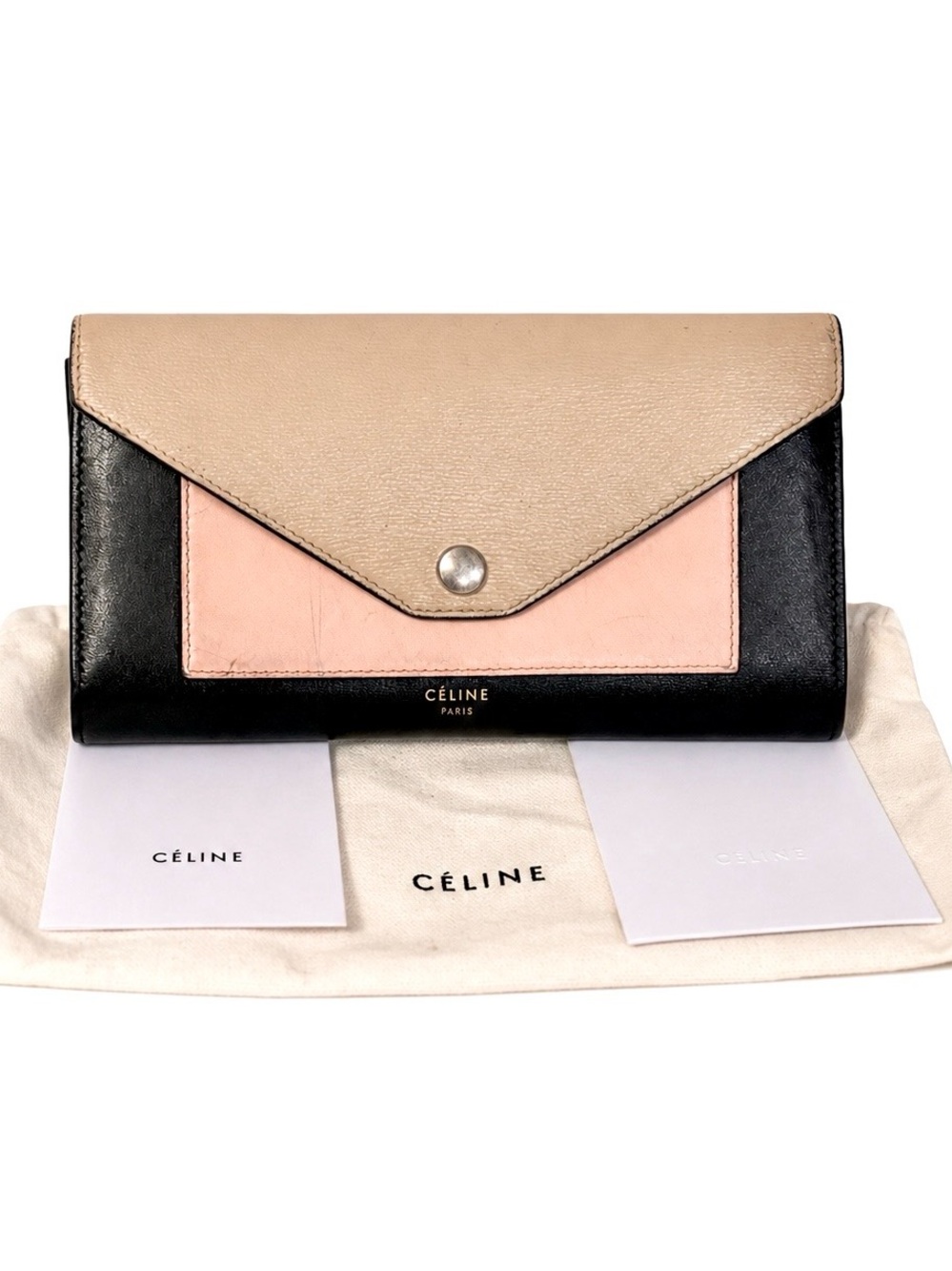 CELINE Black Cream & Pink Envelope Flap Wallet W/ Dustbag GUC